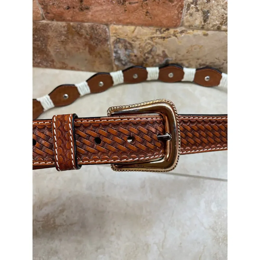 3D Belt Co Hand Tooled Leather Western Belt Cross Conchos White Braided 42